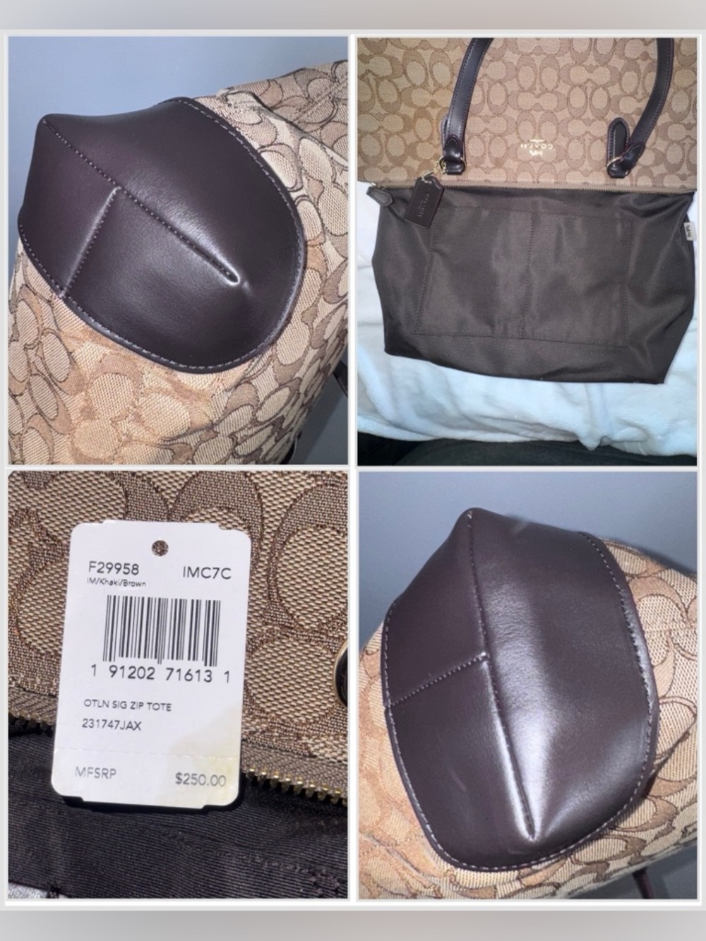 Coach Signature Zip Tote Khaki Brown Canvas Leather Trim Shoulder Bag Large - Picture 5 of 12